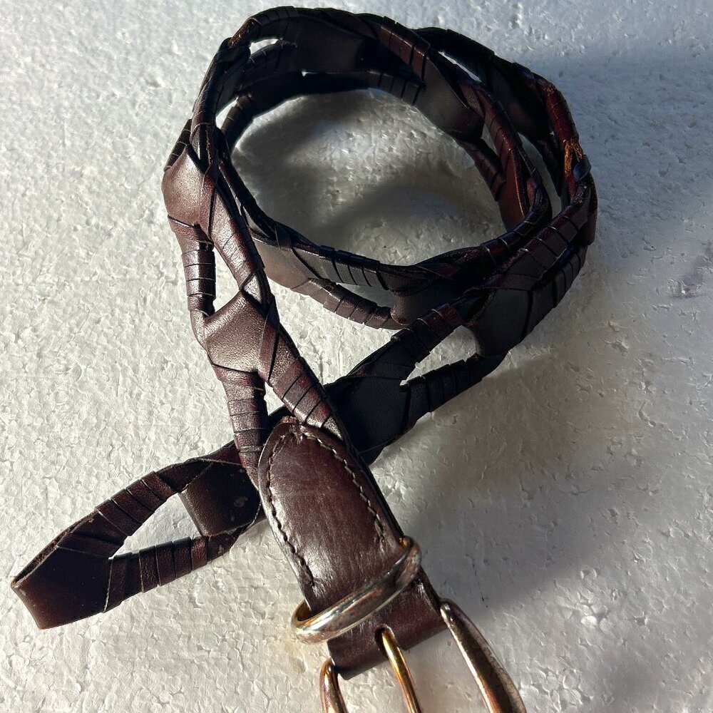 Belt SZ M Dark brown leather unique hand woven open cutwork pattern essential